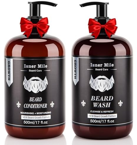 ISNER MILE Beard Wash and Conditioner Set 17 oz New Formula with Biotin Argan & Jojoba Oils Smooth Soften Strengthen Shampoo with Oil Gifts for Men