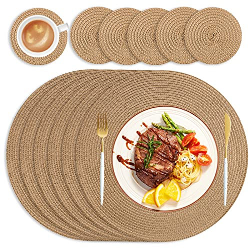 wiipara Round Woven Placemats Set of 6 Heat Resistant Round Braided Table Mats, 34 cm Washable Table Placemats and Coaster Sets for Dining Kitchen, Party, Wedding (Golden Brown)