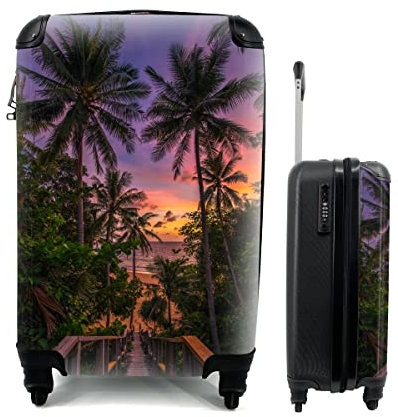 MuchoWow© Koffer Handgepäck Trolley Rollkoffer Kleine Reisekoffer mit 4 Rollen - Sonnenuntergang - Palmen - Strand - Cabin Size < 55x40x23 & 55x40x20 cm - Fotokoffer - Kabinenkoffer - Boardgepäck