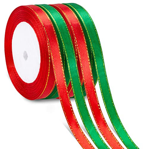 4 Rollos Cintas de Navidad Tela Decoración, Cinta Organza Navidad, Cinta Regalo Navidad Embalaje Manualidades Lazos Decoración, Cintas de Raso Navideña para Navidad árbol Coronas Tartas Decor