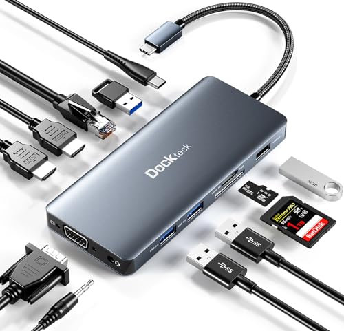 Dockteck USB C Docking Station Triple Display,12-in-1 USB C Hub with 2 HDMI 4K, 1080P VGA, 100W PD, Gigabit Ethernet, 3.5mm Audio/Mic, 5 Gbps USB Ports, SD/TF Card Reader for Dell/HP/Surface Laptop