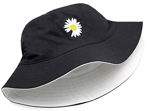 MOBOOMTIE Everyday Baumwoll-Stil Fischerhut Unisex Trendy Leicht Outdoor Hot Fun Sommer Strand Urlaub Ausflug Kopfbedeckung, Blumen-Schwarz/Weiß