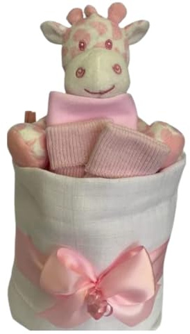 Baby Cake - Pannolini quadrati in mussola, 9 pannolini, calzini con bavaglino e peluche morbido giraffa