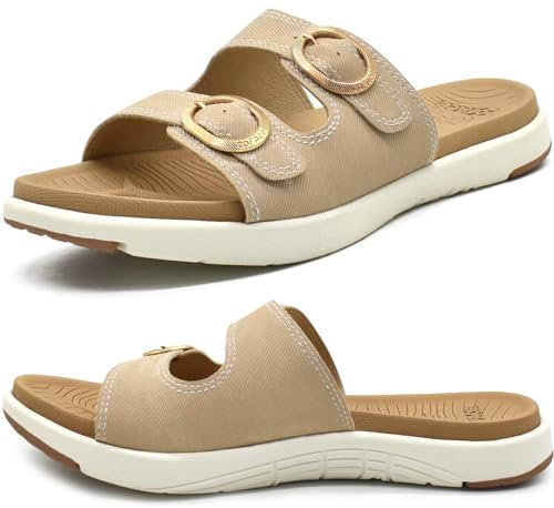 COFACE Womens Orthotic Slides Comfort Plantar Fasciitis Arch Support Slip on Flat Sandals Ladies Soft Cushion Fashion Yoga Mat Sliders with Adjustable Straps, Beige Size 9