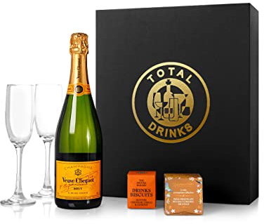 Veuve Clicquot Champagne 75cl Chocolate Truffle & Drinks Biscuits Gift Box with Pair of Flutes