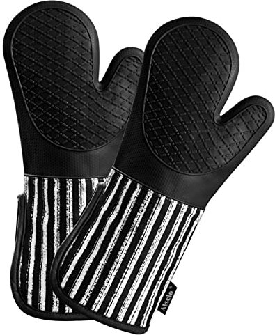 Alselo Silicone Oven Mitts Heat Resistant 932℉ with Waterproof & Non-Slip Kitchen Mittens, Set of 2 Extra Long Oven Gloves with Soft Cotton Terry Lining for Baking Cooking Barbecue (2, Black Mitts)