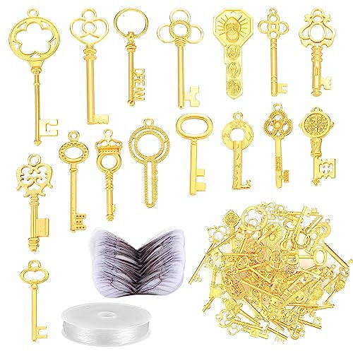 WUJIAQIU 50 Stk Vintage Schlüssel Deko mit 50 Stk Libellen Flügel, Deko Antiken Anhänger Schlüssel Set, für DIY, Halskette Herstellen Schmuck Basteln Schlüsseln, mit 1 x 30 Meter Perlendraht…