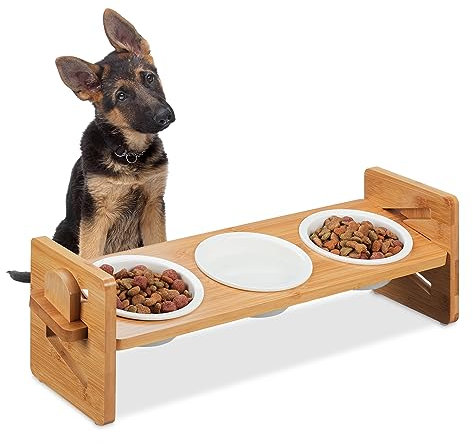 Relaxdays Futterstation für Hunde, höhenverstellbar, 3 Näpfe, je 200 ml, Bambus und Keramik, Napfständer, Natur/weiß