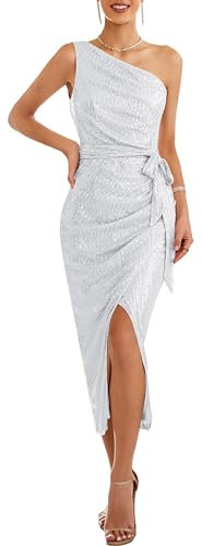 GRACE KARIN Damen Schulterfrei Bodycon Bleistiftkleid Glitzer Pailletten Partykleid Ballkleid für Hochzeit Silber Weiß XL