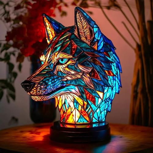 EHOTER Tier Tischlampen Serie Buntglas Tierform Retro Nachtlicht Vintage Tischleuchte Harz Böhmische Tierlampe Nachttischlampe für Heimdekoration Tierliebhaber Weihnachtsgeschenk (Wolf)