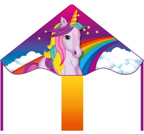 HQ Ecoline Simple Flyer Unicorn 85cm Kinderdrachen Flugdrachen Einleiner Drachen zum steigen lassen wenig Wind ab 5 Jahre, 42x85cm+1.5m Drachenschwanz inkl. 17kp Polyesterschnur 25m auf Griff, 2-5 Bft