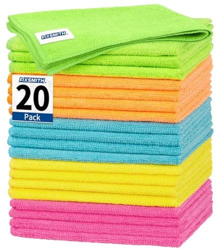FIXSMITH Microfibre Cleaning Cloth, 20 Pack Cleaning Rags, Cleaning Towels for Housekeeping, Kitchen, Car, Lint-Free, Reusable Shop Towels with 5 Colors (Green/Blue/Yellow/Orange/Pink), 12X12