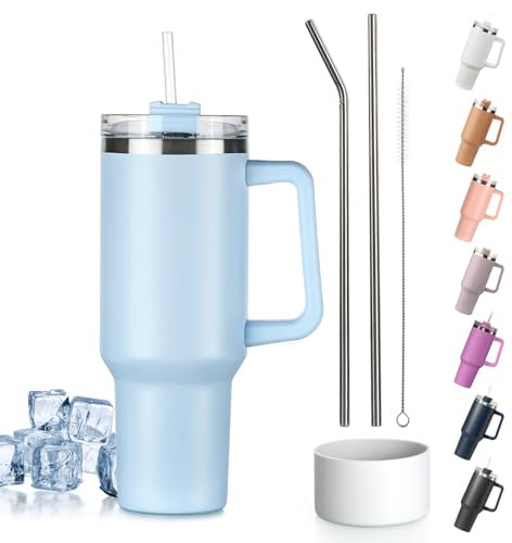 Tuocal 40oz Tumbler with Straw Lid and Handle + 2 Stainless Steel Straws + Silicone Boot, 1180 ml Double Wall Vacuum Insulated Cup, Car Coffee Mug, Travel Water Bottle for Hot Iced Coffee, Light Blue