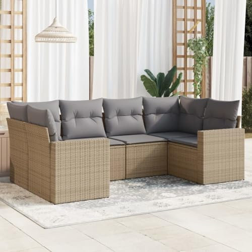 QJBSAVVA 6-TLG. Garten-Sofagarnitur, Balkon Sofa Essgruppe Eckbankgruppe Sitzgarnitur Garten Geeignet für Wenig Platz Garten Außen Balkon mit Kissen Beige Poly Rattan