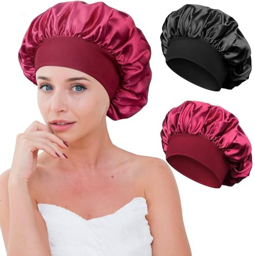 KUAOWT Cuffia Seta Capelli Notte, 2 Pezzi Cuffia in Seta per Dormire Capelli Ricci Lunghi Protezione, Silk Bonnet Regolabile Berretto da Notte Raso con Elastico per Donna Bambina (Rosso Vino, Nero)