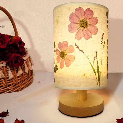 Getrocknete Blumen Tischlampe 5W LED 3 Farbe gepresste Blume Nachttischlampe Leinen Schatten Tischleuchte mit Holzbasis für Schlafzimmer Wohnzimmer Schreibtisch Büro