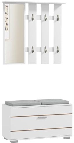 HOMCOM Set 4 in 1 Mobili da Ingresso con Appendiabiti, Specchio, Panca con Cuscini e Scarpiera per 8 Paia di Scarpe, Bianco