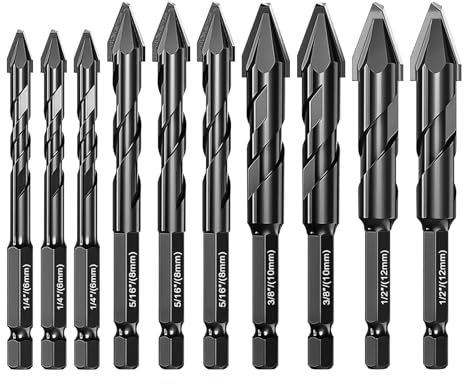 Lot de 10 forets à béton à tige hexagonale 1/4 pour maçonnerie, béton, pointe en carbure de tungstène haute résistance pour porcelaine, verre, brique, ciment, bois (Noir, 6/8/10/12mm)