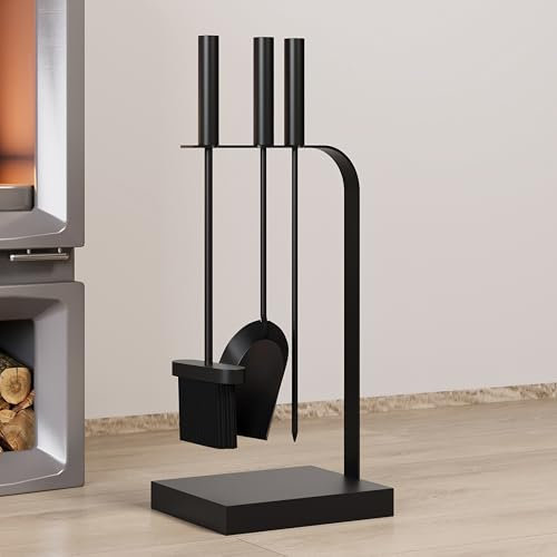 Kingson Kaminbesteck 4-teilig Kaminbesteck schwarz Kaminbesteck Set für Kaminofen inkl. Schürhaken, Bürste & Schaufel Holzofen Zubehör