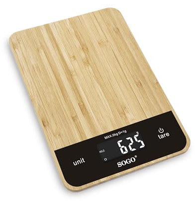 Sogo Báscula de Cocina Electrónica BambooScale - Precisión en Gramos con Plataforma de Bambú Ecológica y Diseño Elegante (SS-3944)