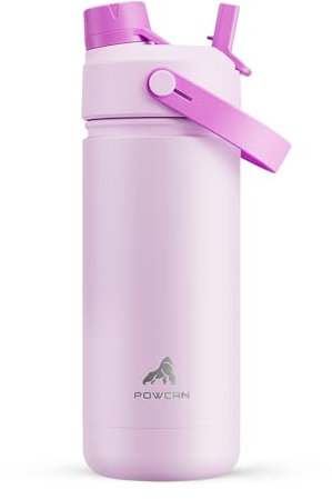 POWCAN Botella de agua térmica de 532 ml/18 oz con pajita y boquilla 2 en 1, mantiene el frío 24 horas, a prueba de fugas, se adapta al portavasos del coche, botella de acero inoxidable (Misty Lilac)