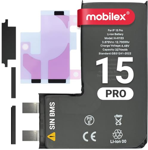 MOBILEX® Batería Sin BMS para iPhone 15 Pro | 3274mAh - Capacidad Original | Celda Interna Repuesto | OEM | Sin Cable Flex | Requiere Soldadura