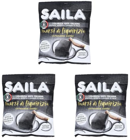 Saila - Morsi di Liquirizia, Caramelle Soffici alla Liquirizia, Aromi Naturali, Senza Glutine - 100 gr, 1.0 unità (Confezione da 3)