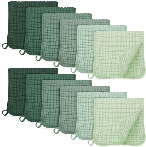 Unnivoll Spucktücher Baby Mulltücher 12er Musselintücher 50x27cm 100% Baumwolle mullwindeln, 6 Lagig Saugstark Stoffwindeln, für Jungen und Mädchen Weich Atmungsaktiv Grün