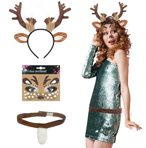 NAMIS Geweih Haarreif,Reh Haarreif Damen mit Rentier Haarreif kinder Gesichtstattoo Rehschwanz,Reh Geweih kopfschmuck mit Rehohren Reh Kostüm für Mottoparty Karneval Fasching