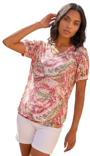 Roman Blouson Top for Women Ladies Bubble Hem Stretchy Jersey Puff Sleeve Summer Smart Casual Office Work Spring Everyday Evening Vacation Work Holiday V Neck - Red Animal - Size 20