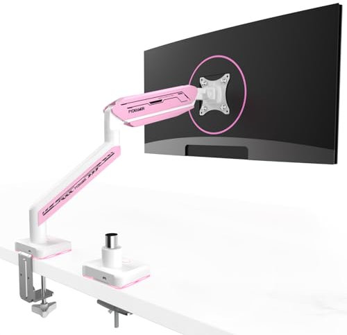 ETHU Gaming Monitor Arm for 17-42 Inch Screens up to 15kg, Full Motion Monitor Mount with Tilt Swivel and Rotation, Height Adjustable Monitors Arm Desk Mount with Two Types of Installation, White-Pink