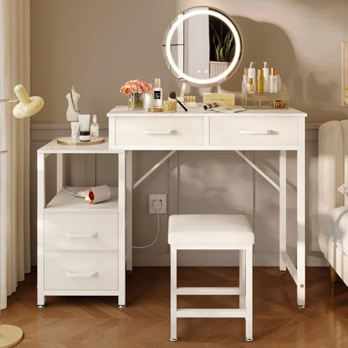 ODK Vanity Desk with Adjustable LED Mirror, Dressing Table with 4 Drawers & Interchangeable Side Cabinet, Dressing Table with Stool, Compact Vanity Makeup Table Set, White Makeup Desk 80×40×130cm