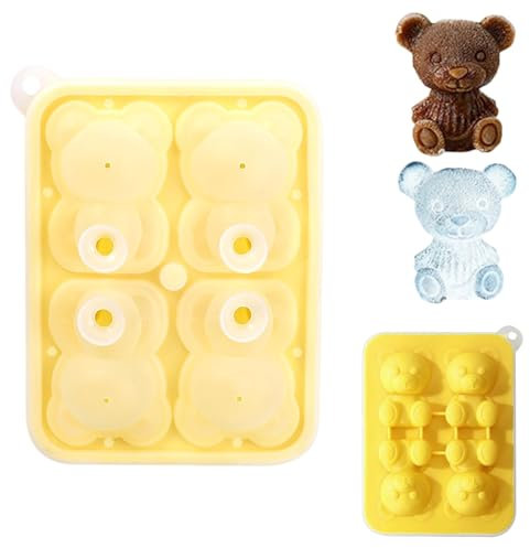 1 Pack Ice Cube Tray, Silicone 3D Bear Ice Cube Moulds Fun Shapes 4 Cavity Ice Cube Moulds BPA Free Food-Grade Easy Release Reusable for Freezer, Water, Whiskey, Cocktail and Other Drink - Yellow
