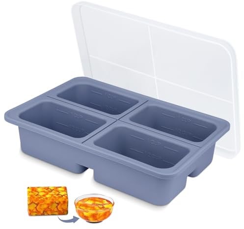 1 Cup Soup Container, Extra Large Silicone Food Storage Trays for Freezing, Soup Freezer Containers with Lid And 4 Compartments, BPA Free Microwavable Ice Cube Moulds for Prep Meal, Sauce, Ice Cream