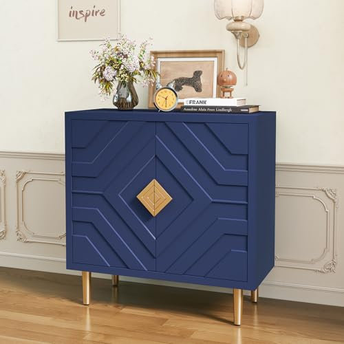 HOLTICO Wooden Sideboard with 2 Doors, 3D Embossed Pattern Accent Cabinet Modern Buffet Storage Cabinet, Blue Sideboards for Living Room, Dining Room, Hallway