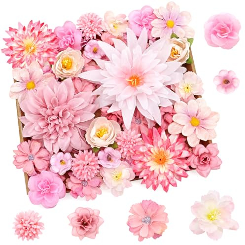 Yueshop 50PCS Artificial Flowers Decoration, Pink Flowers Cake Decorations | Fake Craft Flowers, Decorative Artificial Flower Heads, Silk Cake Flowers Topper Bulk Mix, Hair DIY Wedding Party Wall Decor