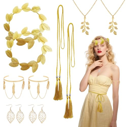 FUIPVGI 10 Stück Lorbeerkranz Haarreif Kopfschmuck Gold Set, Griechische Göttin Set Römische Blattkrone, Goldenes Lorbeerblatt-Kopfschmuck, Griechisches Blatt-Stirnband, Braut-Stirnband(Gold)