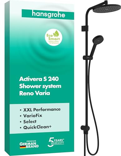 hansgrohe Activera S - wassersparendes Duschsystem (EcoSmart) ohne Armatur, Regendusche (240mm) mit Umsteller, Handbrause (2 Strahlarten), Schlauch, Brausestange und Kopfbrause, Mattschwarz, 28074670