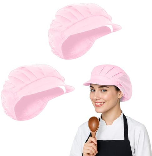 COYUN Lot de 2 chapeaux de chef élastiques de cuisine, chapeaux de cuisinier, chapeau de chef respirant, chapeau de chef élastique réglable avec bord, chapeau de chef femme et homme avec bord rose