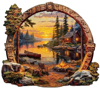 WOODBESTS Wooden Puzzles for Adults, Lakeside Sunset Wooden Jigsaw Puzzles, Unique Shape Cut Wood Adult Puzzle, Christmas Birthday Gifts for Puzzle Lover (L-34 * 29.5cm 250pcs)