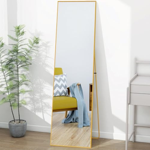 Lazyspace Ganzkörperspiegel, 140 x 40 cm, Gold HD Standspiegel mit Rahmen aus Aluminiumlegierung, Hartglas Wandspiegel, Boden großer Spiegel für Schlafzimmer, Garderobe, Wohnzimmer, Ankleidezimmer