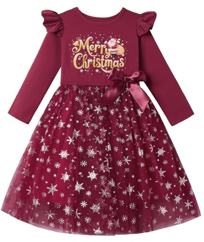 Ugitopi Weihnachtskleid für Mädchen mit Rüschenärmeln und Schleife Festliches Partykleid für Kinder