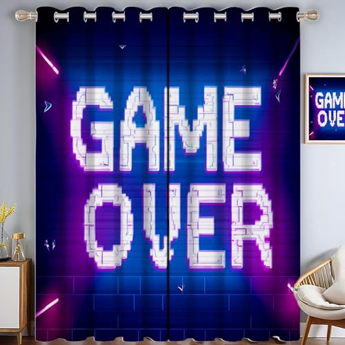 MLSOWM Gardinen Blickdicht 2er Set Pixel Art Wohnzimmer Vorhang mit Ösen Retro-Gaming-Ästhetik Verdunkelung Thermogardinen Verdunklungsvorhänge für Bauernhaus Wohnzimmer Schlafzimmer, Neonblau