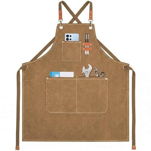 Dwitkul Delantal de Lona Ajustable Delantal Cocina Hombre y Mujar Delantales Barbacoa con Múltiples Bolsillos Mandil Camarero para el Chef del Hotel, Trabajo de Talle, Jardín, Pintura (Marrón)