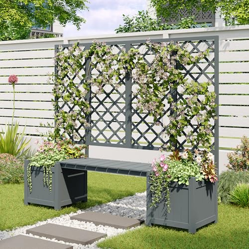 REXO Blumentopf mit Spalier als Rankhilfe, mit viel Platz, Blumenkasten Pflanzkasten, graue Tanne massiv, Blumentopf mit Spalier und Sitzgelegenheit für Garten Terrasse.