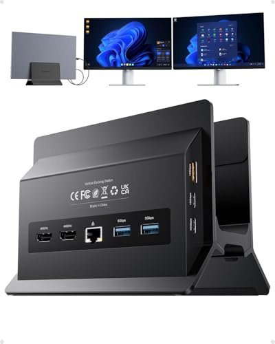 USB C Docking Station Doppio Monitor 4K@60Hz per casa e ufficio | PULWTOP Supporto Verticale per Laptop con 2xHDMI 4K 60Hz, USB A/C 10 Gbps, Ethernet, PD3.0-Black【Solo per laptop Windows】