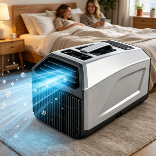 Portable Air Cooler, Camping Ac Unit, 4500/5100 Btu Portable Mobile Ac For Tent, Van, Rv, Truck, 3-In-1 Cooling Dehumidifier & Fan, 3 Speeds, 24h Timer, Twin Hose,Self-Evaporating, Remote 1500W