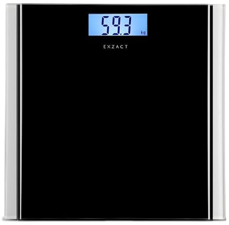 EXZACT Bathroom Scale Digital, Electronic Body Scale - Max.150kg - Switch between kgs/stones/lbs - High Precision, Backlight LCD Display (Black)