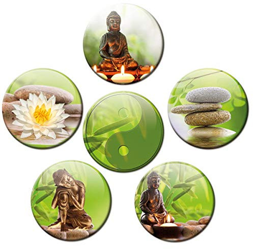 Buddha Magnete für Glasmagnettafel Extra Stark Wellness Motiv 6er Set Gross Rund 50mm Bambus Natur Grün