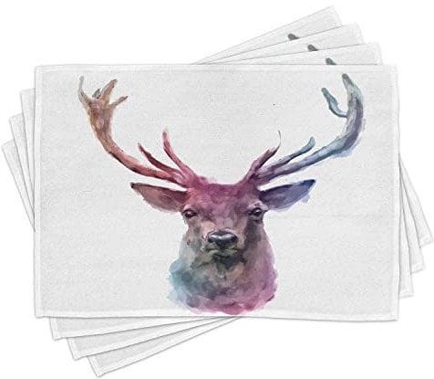 ABAKUHAUS Hirsch Platzmatten, Illustration des männlichen Hirsches mit weichem blassem Farben-Geweih-Tier-Natur Artful Print, Tiscjdeco aus Farbfesten Stoff für das Esszimmer und Küch, Violett Blau